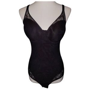 Ladies Bali 36C Compression & Lace Padded Cup Minimizing 1-Piece Black Bodysuit